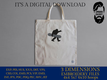 Machine Embroidery files, bigfoot snowboarder, PES, xxx, hus & more