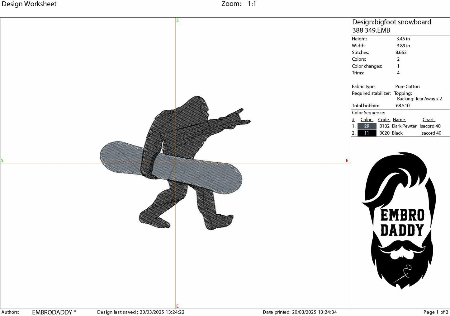 Machine Embroidery files, bigfoot snowboarder, PES, xxx, hus & more