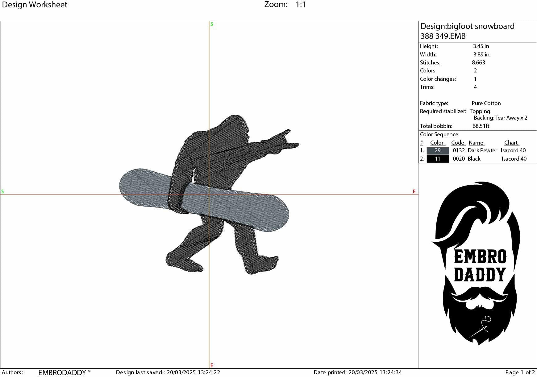 Machine Embroidery files, bigfoot snowboarder, PES, xxx, hus & more