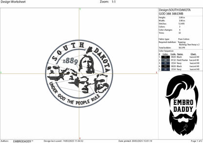 Machine Embroidery files, South Dakota, Mount Rushmore, State Motto, Crazy Horse, Under God People Rule, 1889, DST, PES, xxx hus & more