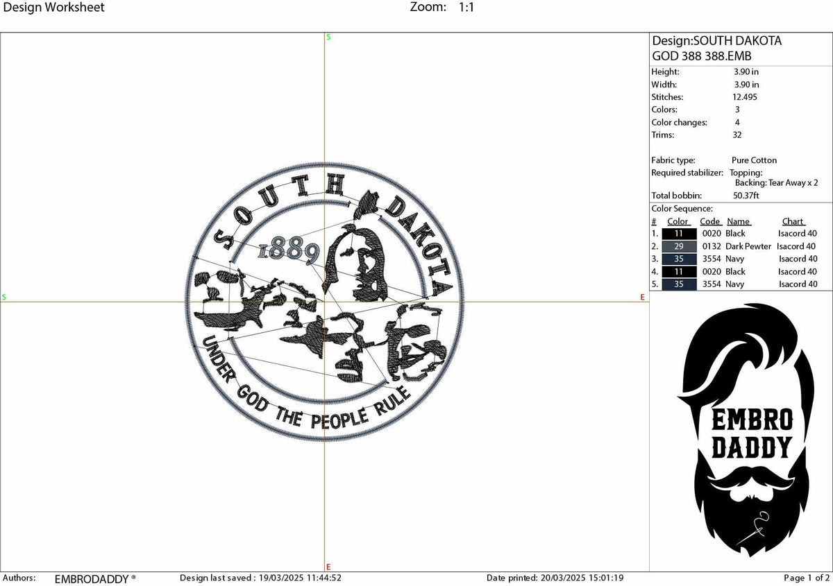 Machine Embroidery files, South Dakota, Mount Rushmore, State Motto, Crazy Horse, Under God People Rule, 1889, DST, PES, xxx hus & more