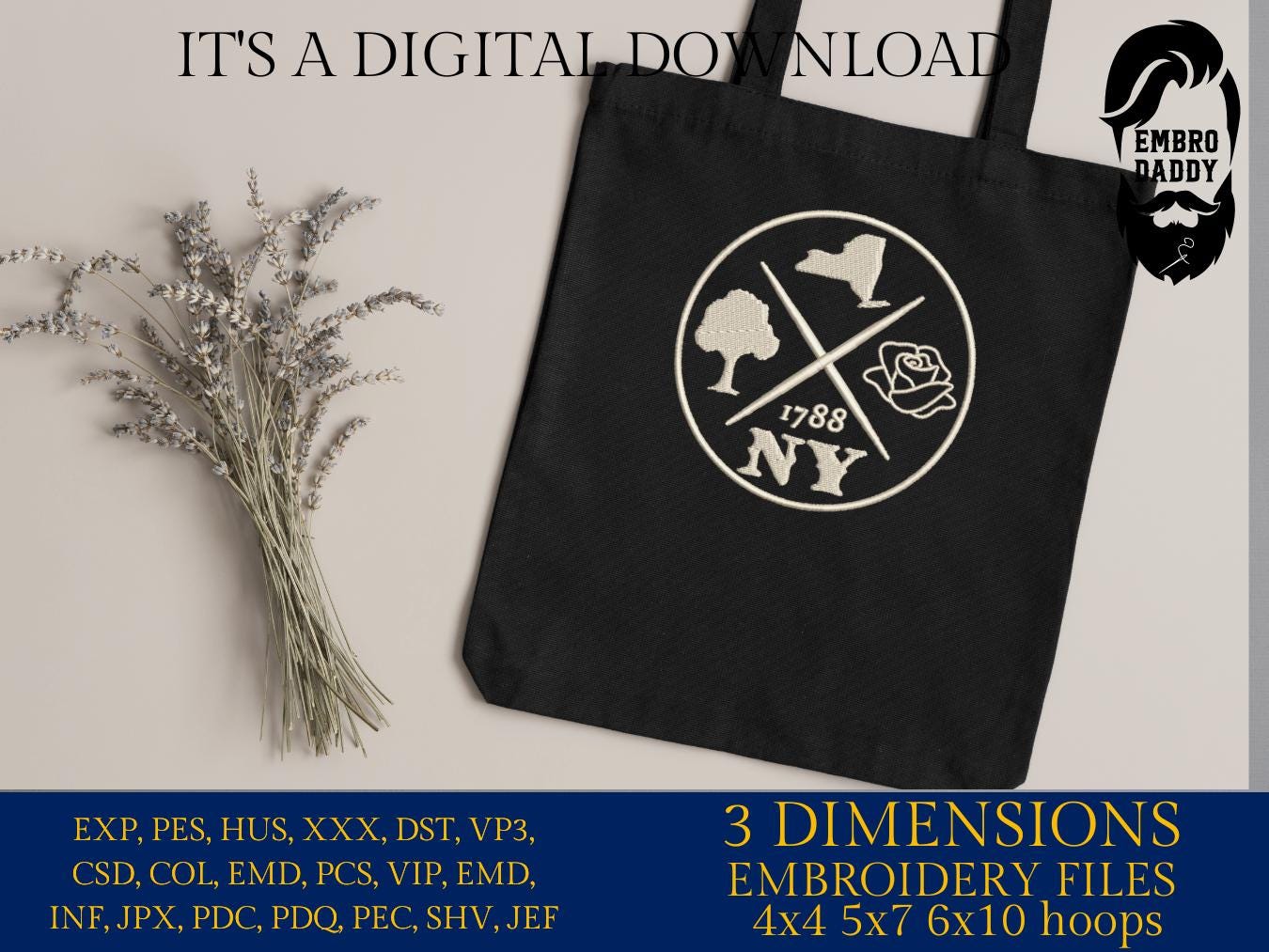 Machine Embroidery files, New York est 1788, DST, PES, xxx hus & more