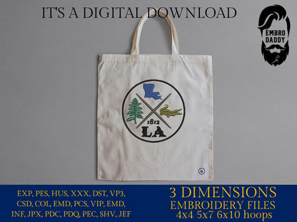 Machine Embroidery files, Louisiana est 1812, DST, PES, xxx hus & more