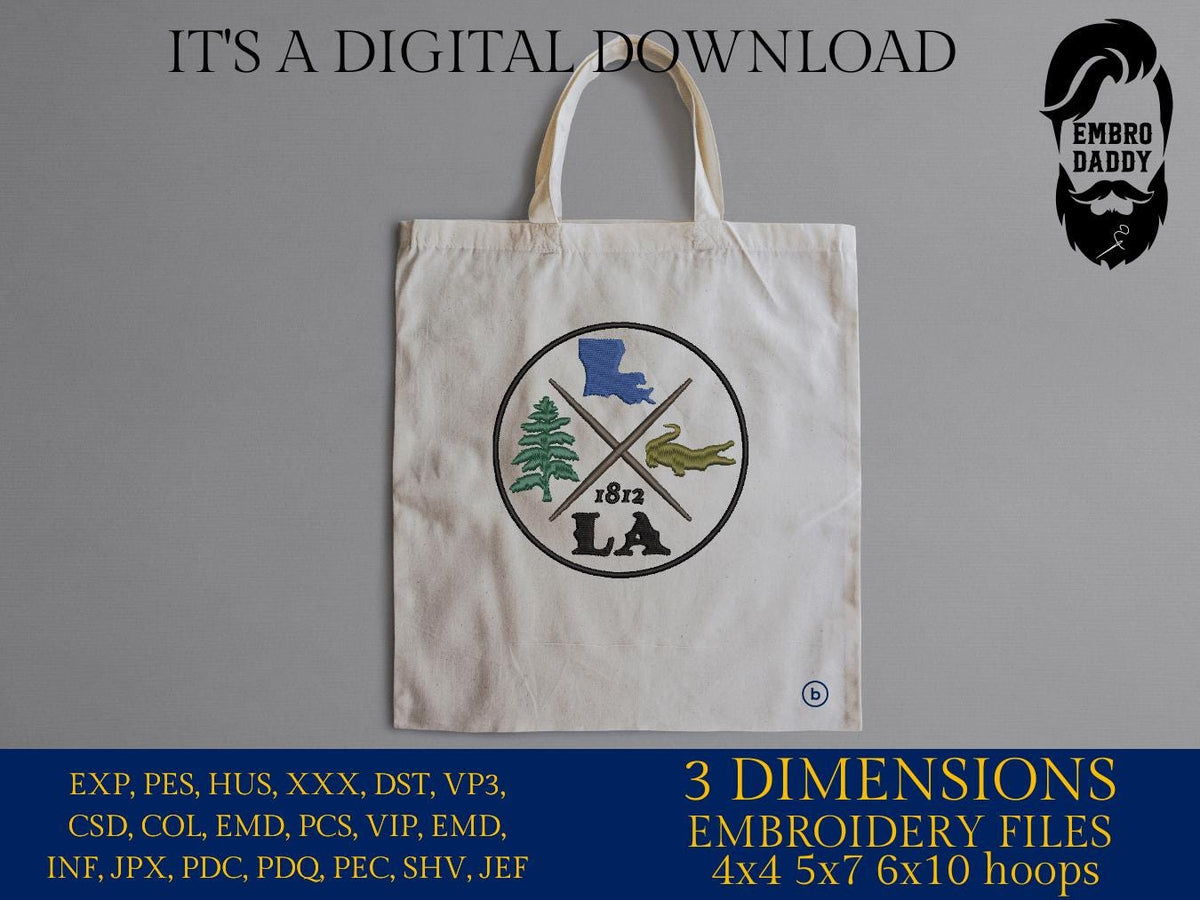 Machine Embroidery files, Louisiana est 1812, DST, PES, xxx hus & more