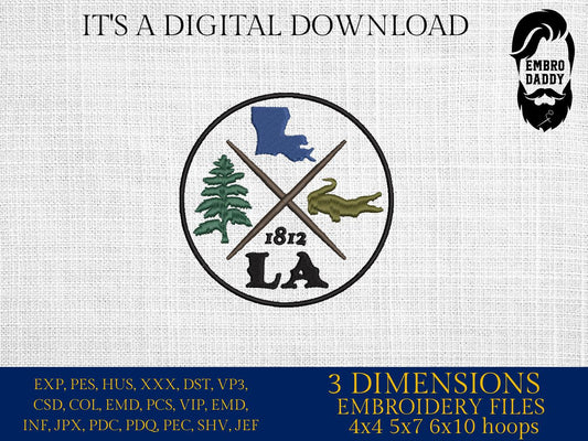 Machine Embroidery files, Louisiana est 1812, DST, PES, xxx hus & more