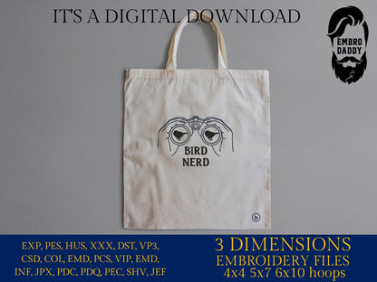 Machine Embroidery files, Birdwatching, Bird Nerd, Bird Watcher, Gift for Birdwatcher, Funny Birds, Binoculars, DST, PES, hus & more