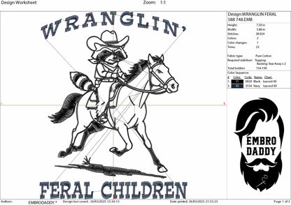 Machine Embroidery files, Retro Wranglin' Feral Children Raccoon, 90s, Western Graphic, Vintage Western Raccoon, PES, dst, hus & more