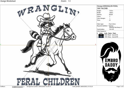 Machine Embroidery files, Retro Wranglin' Feral Children Raccoon, 90s, Western Graphic, Vintage Western Raccoon, PES, dst, hus & more