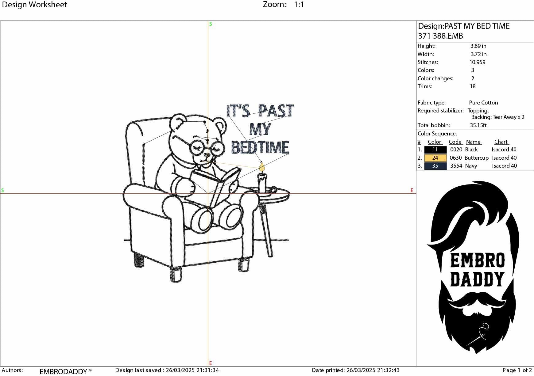 Machine Embroidery files, Retro, It's Past My Bedtime, Sleepy Bear, Funny, 90, grandparents, PES, dst, hus & more