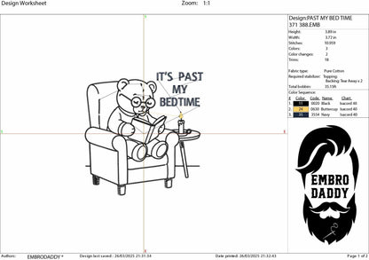 Machine Embroidery files, Retro, It's Past My Bedtime, Sleepy Bear, Funny, 90, grandparents, PES, dst, hus & more