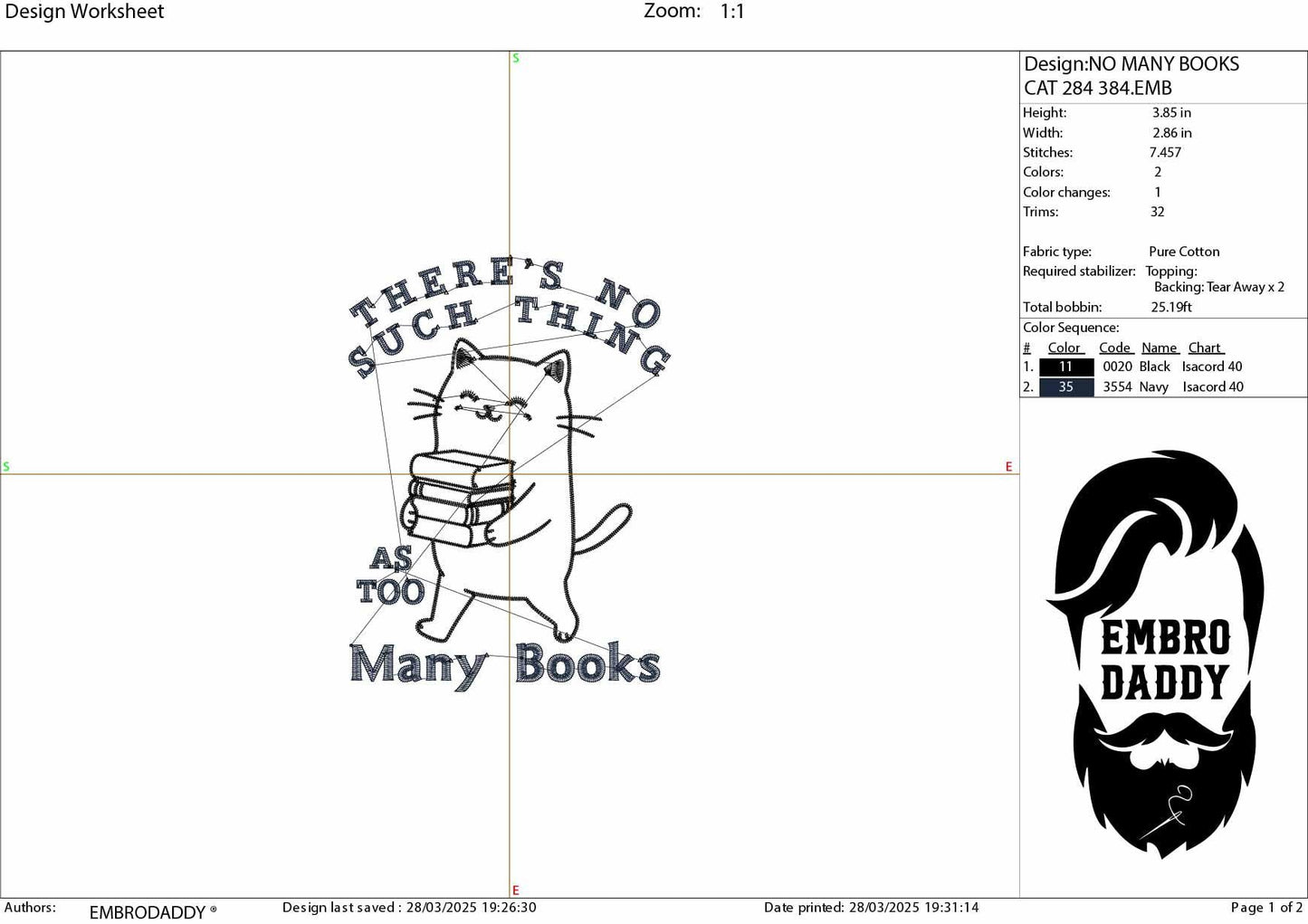 Machine Embroidery files, There's No Such Thing As Too Many Books, Trendy Cute Cat, Book Lover Reading Addict, DST, PES, xxx, hus & more