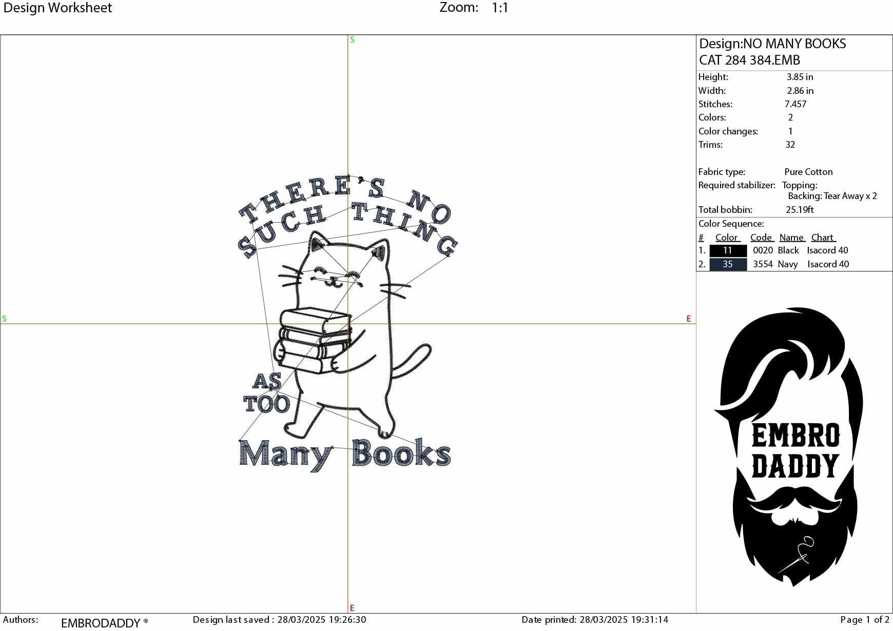 Machine Embroidery files, There's No Such Thing As Too Many Books, Trendy Cute Cat, Book Lover Reading Addict, DST, PES, xxx, hus & more