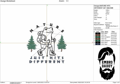 Machine Embroidery files, Nature Just Hits Different, Hiking Frog Design, Camping Frog, Funny Saying PES, DST, xxx, hus & more