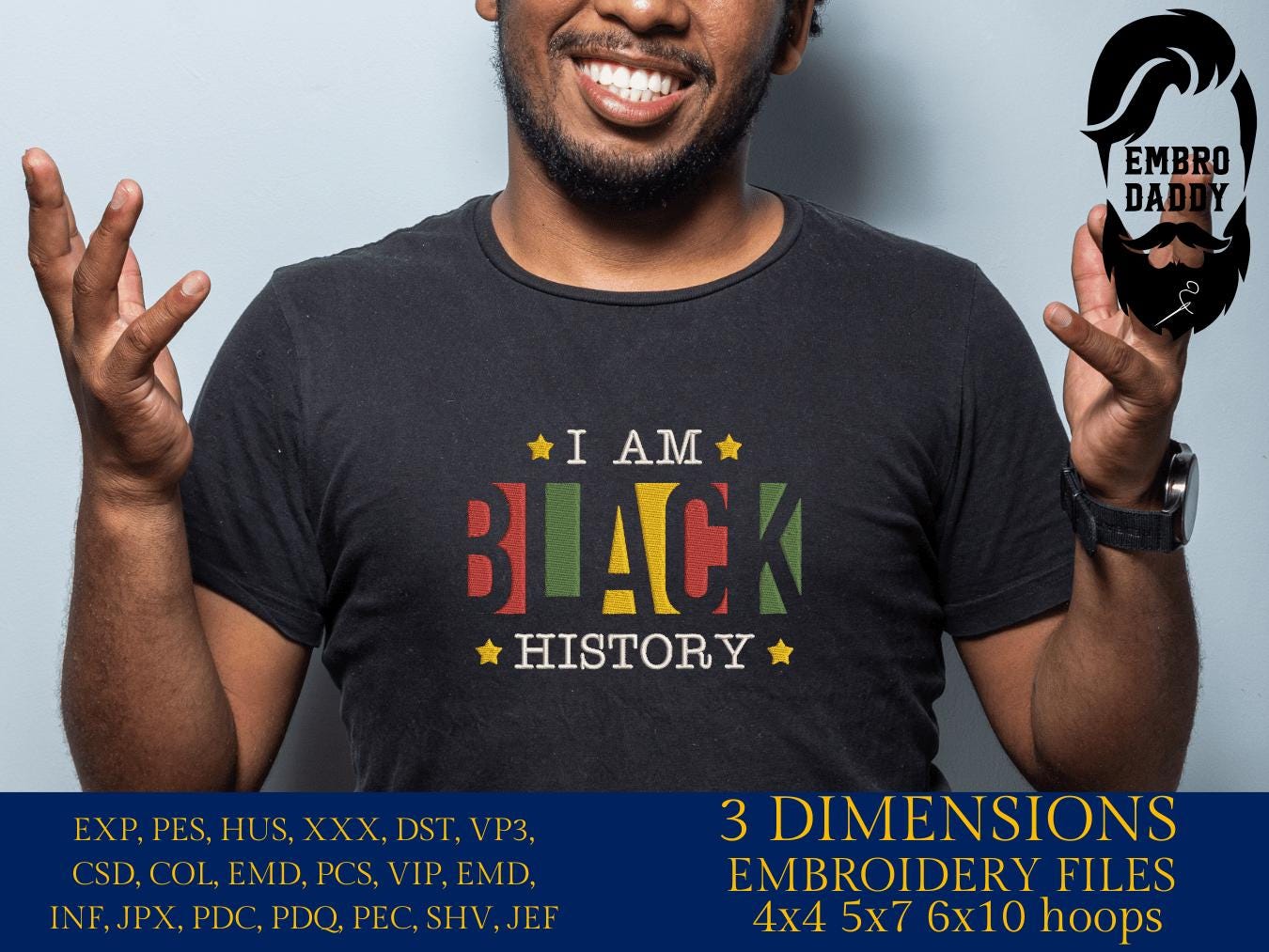 Machine Embroidery files, I am Black History, PES, dst, hus, dst, vp3 & more