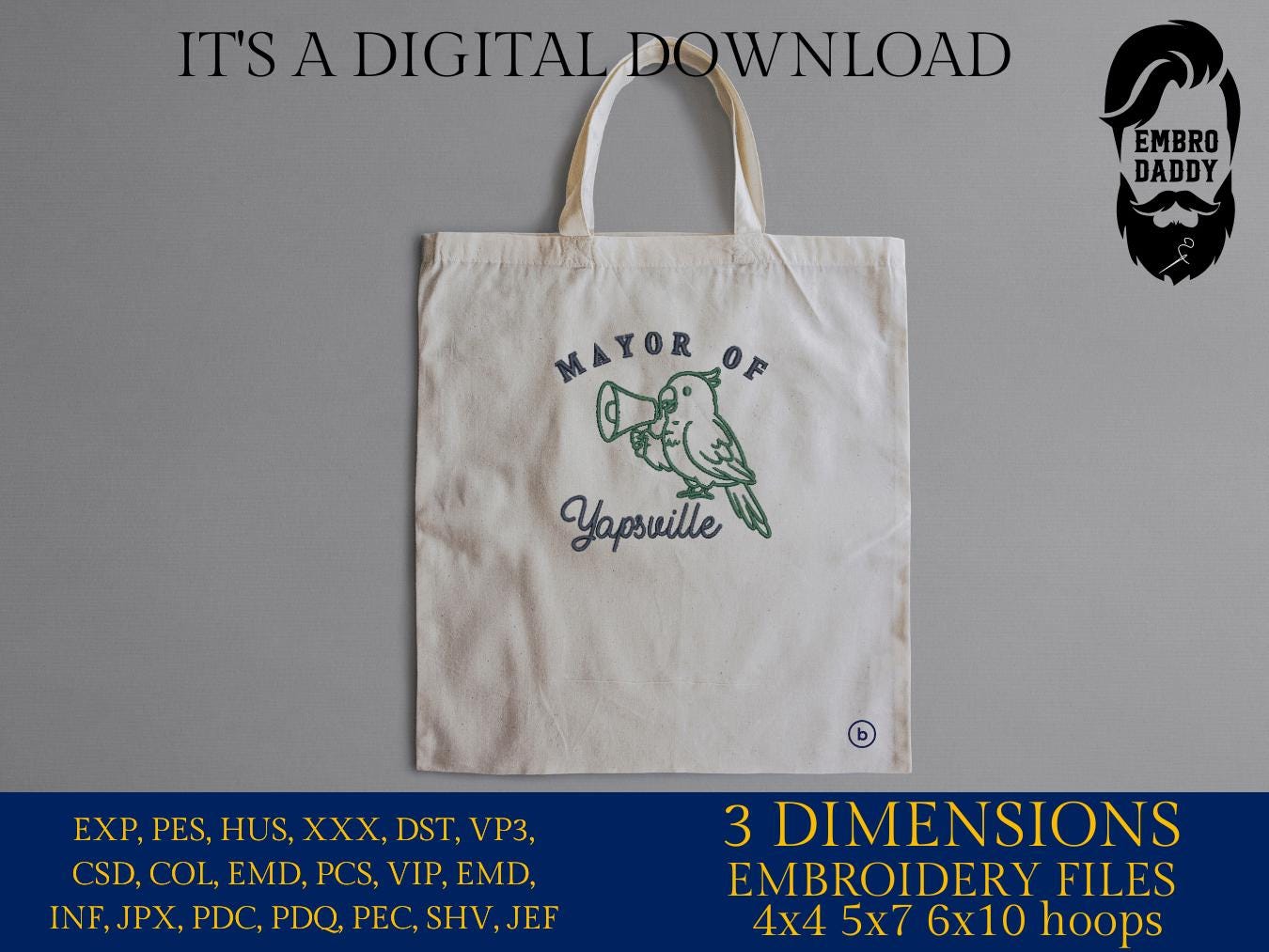 Machine Embroidery files, Mayor Of Yapsville, Funny, Cute, Parrot, Bird, Watcher, Vintage, Sarcastic, PES, DST, xxx, hus & more