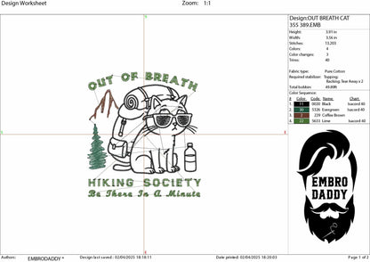Machine Embroidery files, Out Of Breath Hiking Society, funny cat, Funny Hiking Lover Gift, Mountain Design, PES, xxx, hus & more
