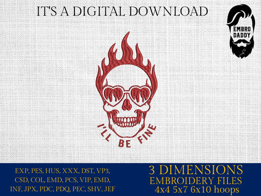 Machine Embroidery files, Flaming Meme Skull, Minimal Funny Skull, Mental Health, Retro, Heart-Shaped, I'm Fine, PES, dst, xxx, hus & more