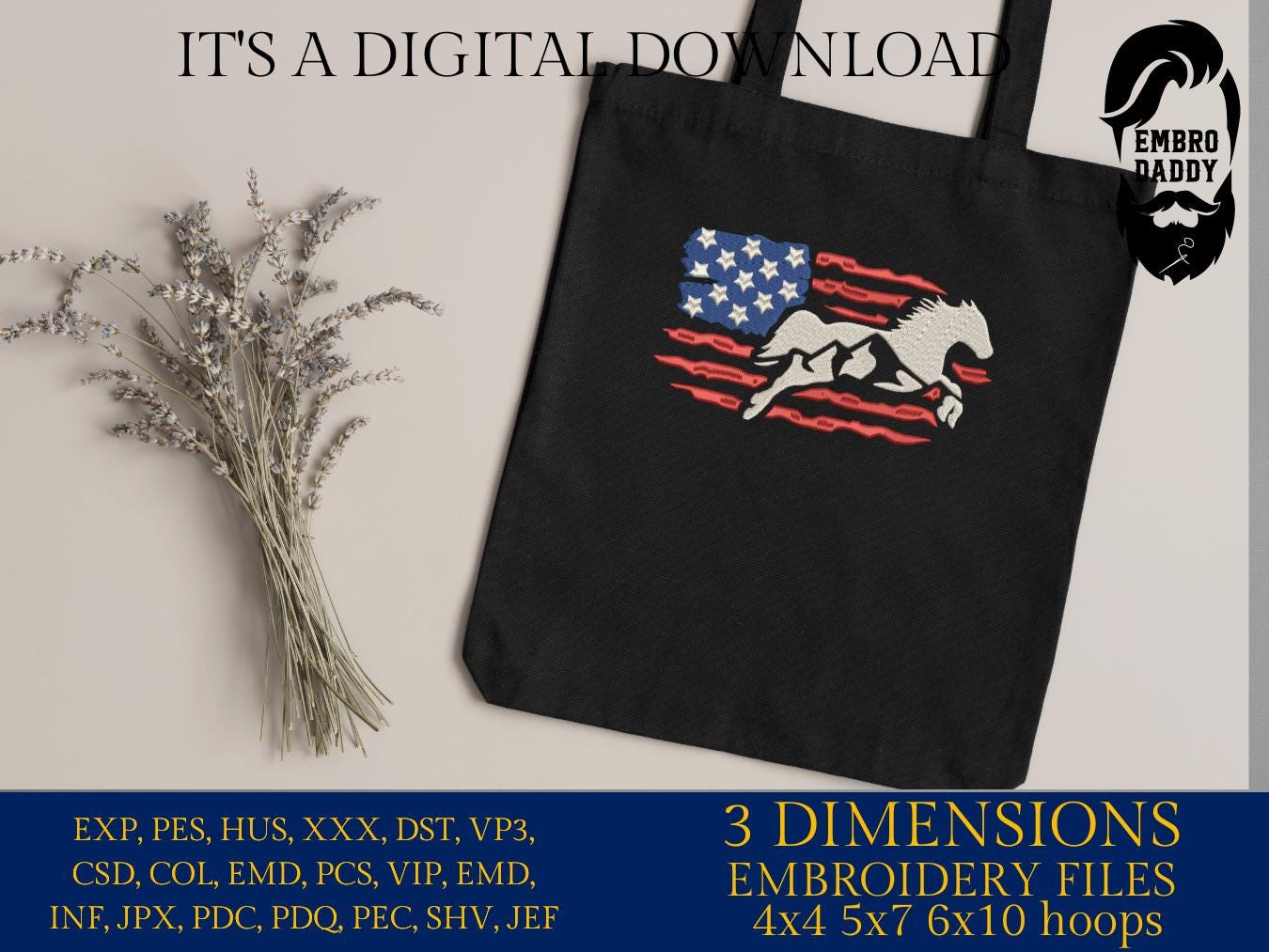 Machine Embroidery files, Usa flag horse, embroidery files, landscape, PES, dst, xxx, hus & more