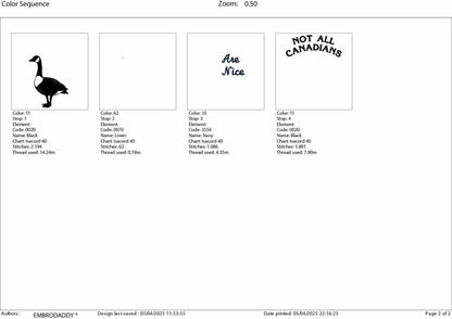 Machine embroidery files, Not All Canadians Are Nice, Funny, Canadian Goose, Geese, PES, DST, hus & more