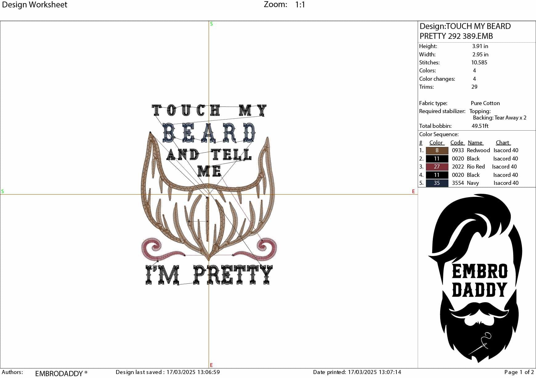 Machine Embroidery files, touch my beard tell me I'm pretty, DST, PES, xxx hus & more