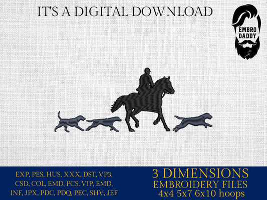 Machine Embroidery files, Foxhunting, Foxhunt, Fox hunter, Huntsman on horse, Hounds chasing fox in a fox hunt, PES, DST, xxx, hus & more