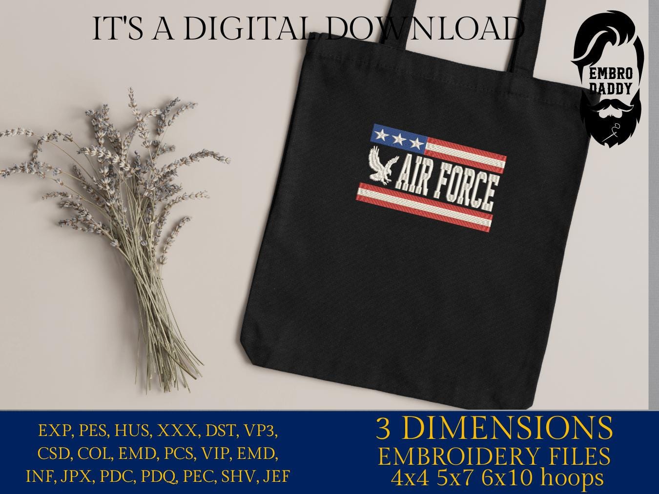 Machine Embroidery files, Air Force, USA flag, PES, DST, xxx, hus & more