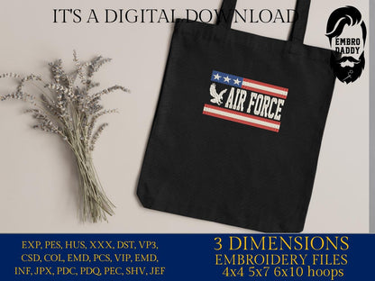 Machine Embroidery files, Air Force, USA flag, PES, DST, xxx, hus & more