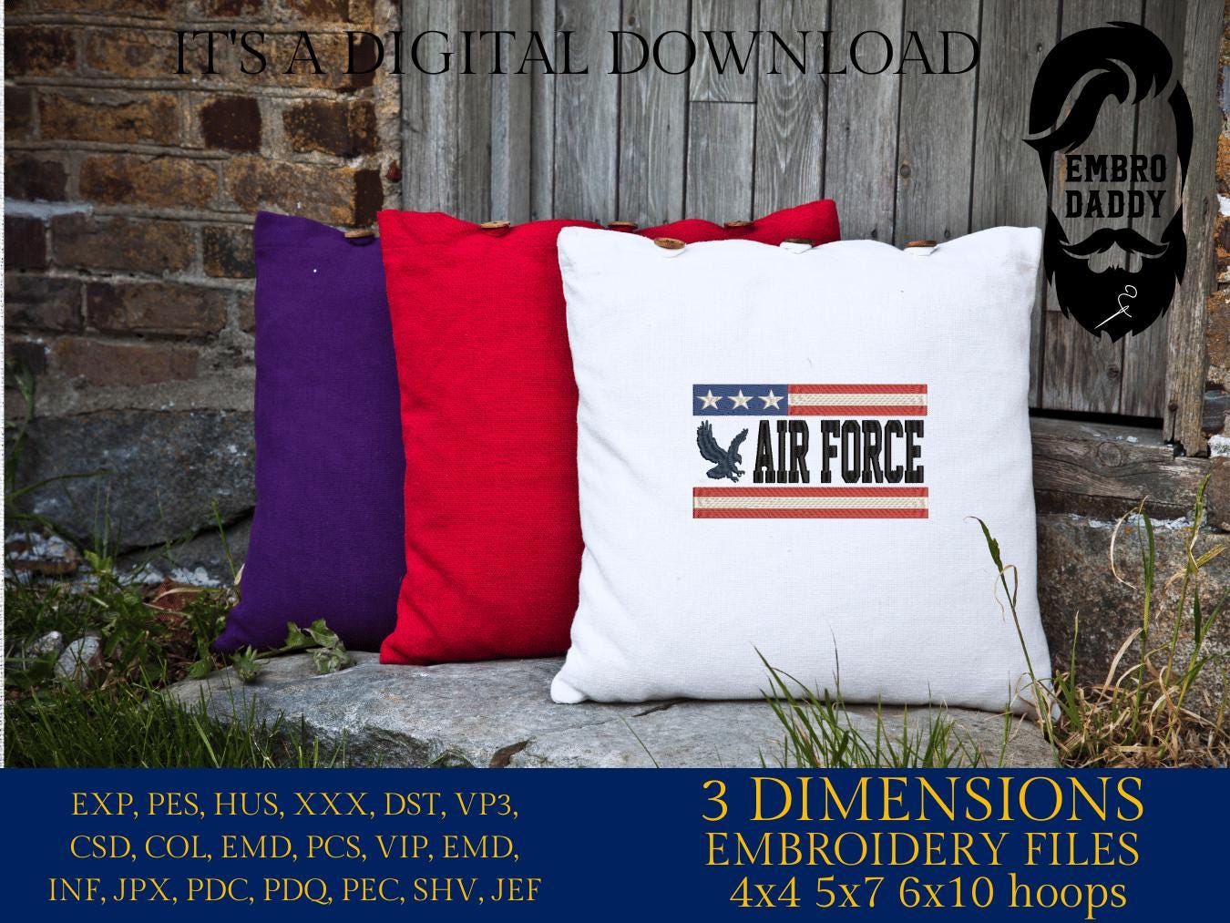 Machine Embroidery files, Air Force, USA flag, PES, DST, xxx, hus & more