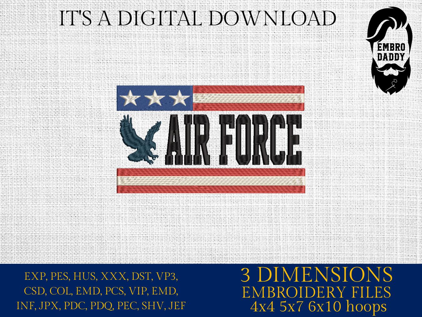 Machine Embroidery files, Air Force, USA flag, PES, DST, xxx, hus & more