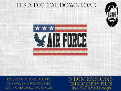 Machine Embroidery files, Air Force, USA flag, PES, DST, xxx, hus & more