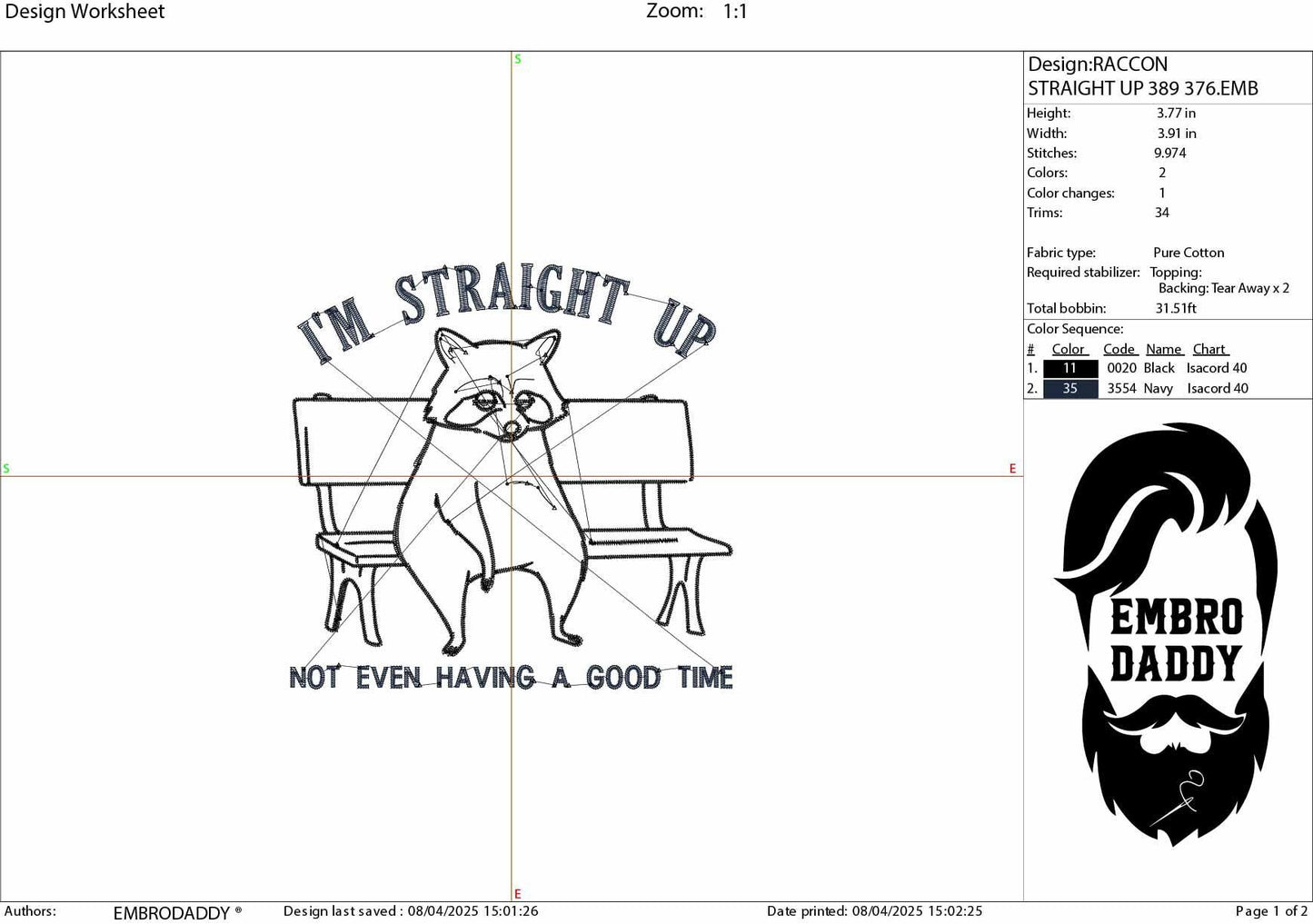 Machine Embroidery files, I'm Straight Up Not Even Having a Good Time, Funny, Raccoon Sitting On Bench, Sarcastic, PES, dst, hus & more