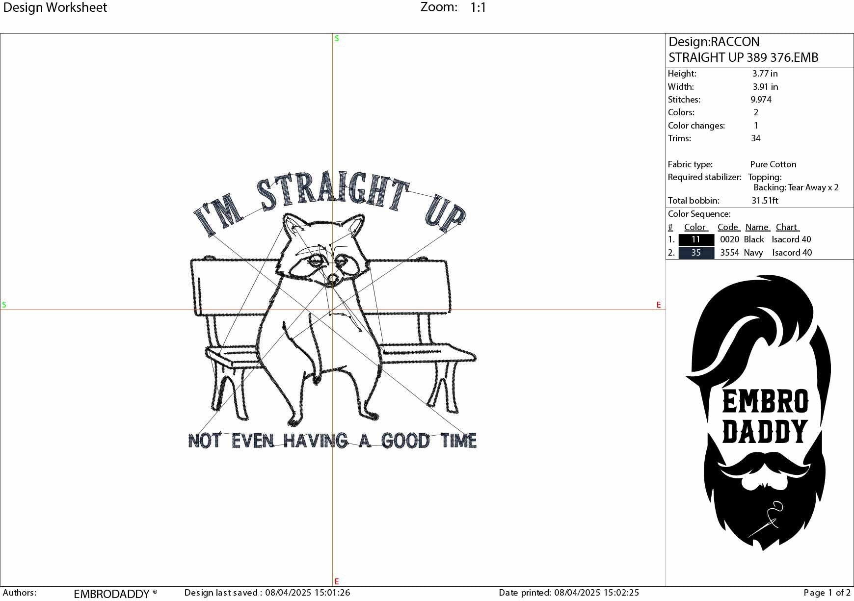 Machine Embroidery files, I'm Straight Up Not Even Having a Good Time, Funny, Raccoon Sitting On Bench, Sarcastic, PES, dst, hus & more