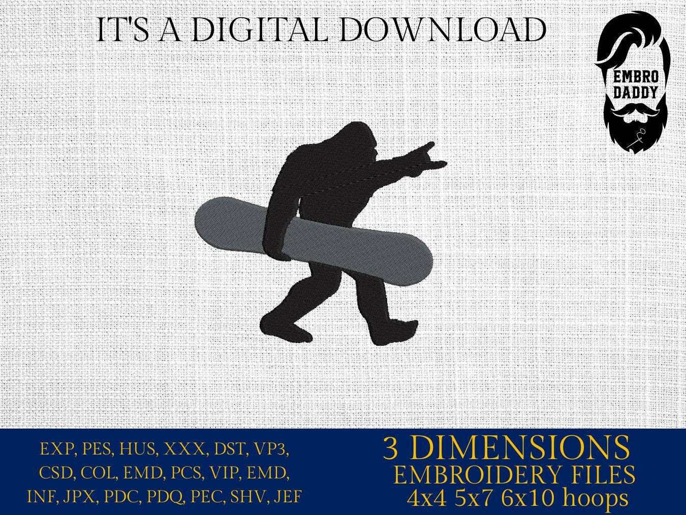 Machine Embroidery files, bigfoot snowboarder, PES, xxx, hus & more