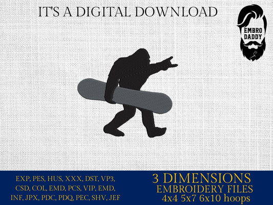Machine Embroidery files, bigfoot snowboarder, PES, xxx, hus & more