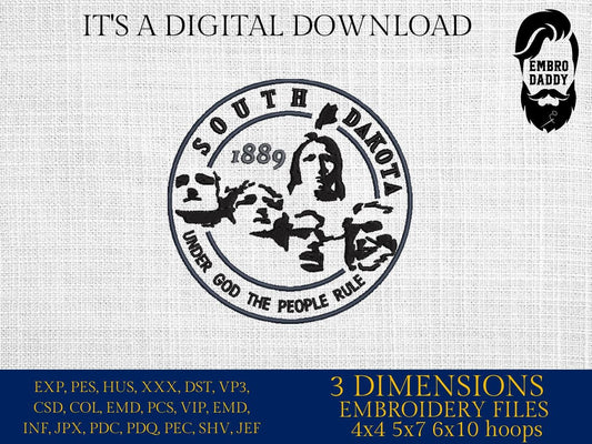 Machine Embroidery files, South Dakota, Mount Rushmore, State Motto, Crazy Horse, Under God People Rule, 1889, DST, PES, xxx hus & more