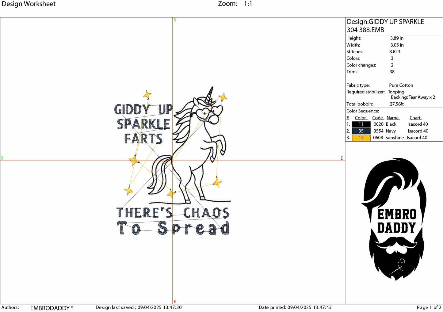 Machine Embroidery files, Giddy Up Sparkle Farts, Funny Unicorn Shirt Design, There's Chaos To Spread, Sarcastic, PES, DST, xxx, hus & more