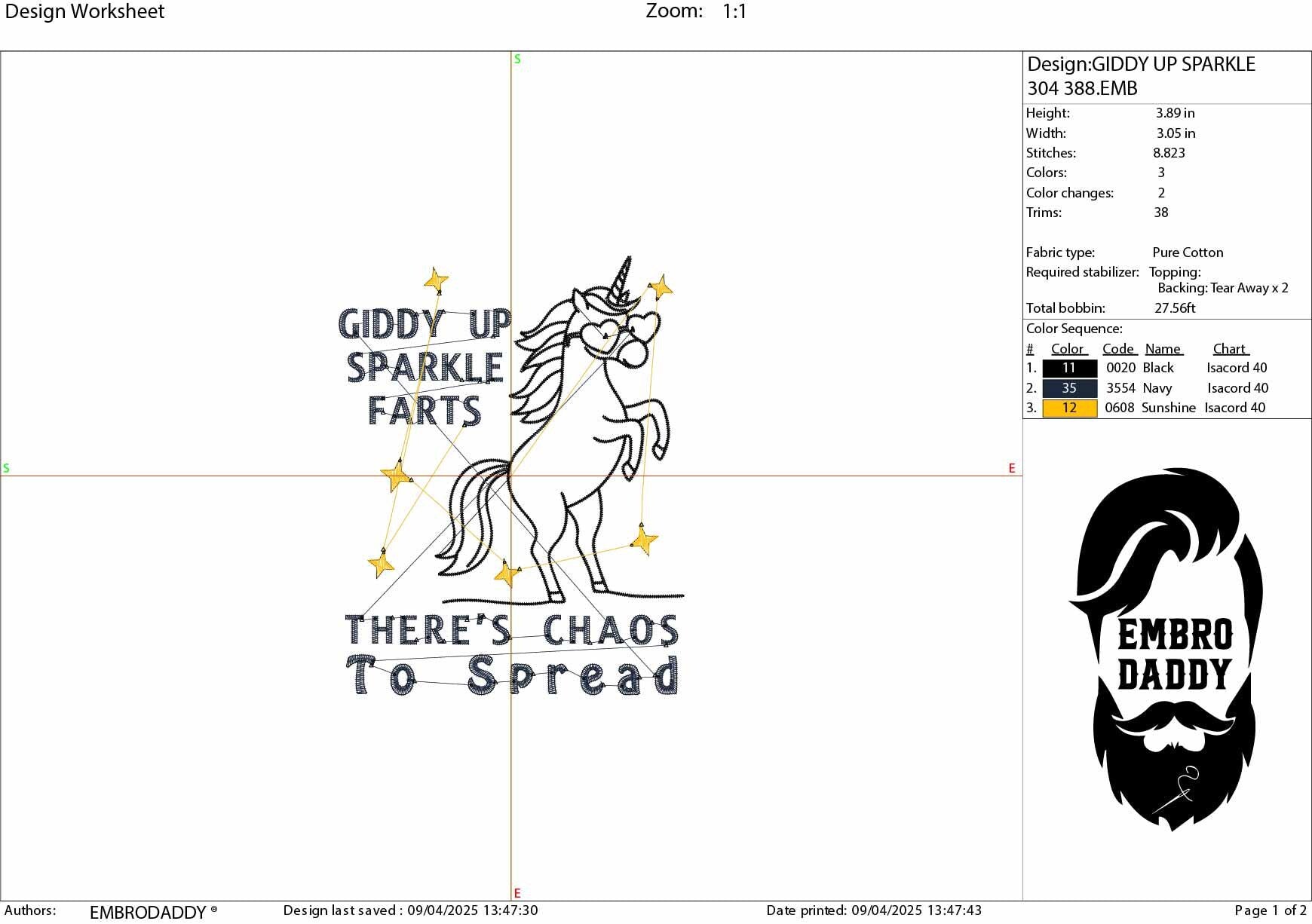 Machine Embroidery files, Giddy Up Sparkle Farts, Funny Unicorn Shirt Design, There's Chaos To Spread, Sarcastic, PES, DST, xxx, hus & more
