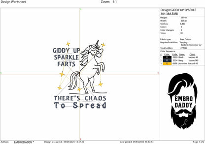 Machine Embroidery files, Giddy Up Sparkle Farts, Funny Unicorn Shirt Design, There's Chaos To Spread, Sarcastic, PES, DST, xxx, hus & more