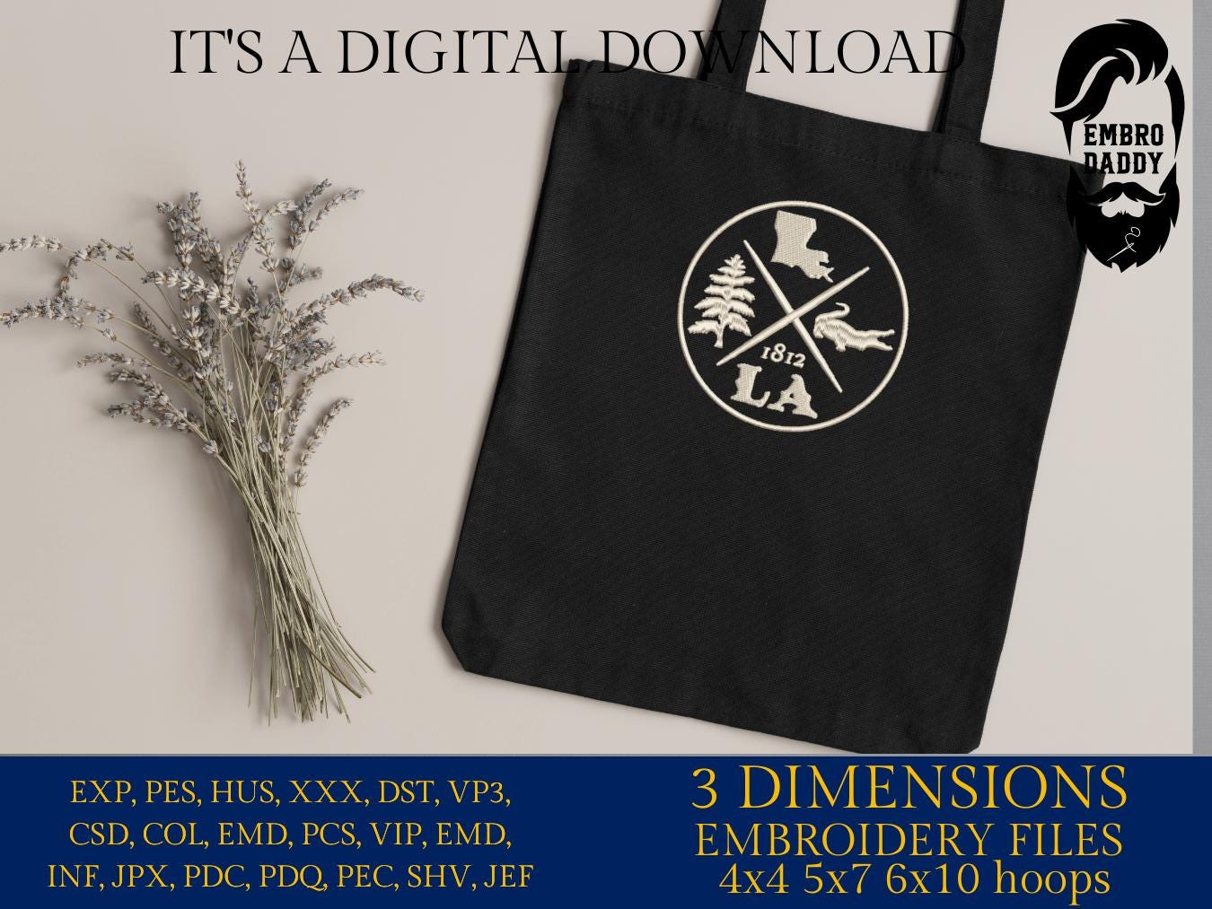 Machine Embroidery files, Louisiana est 1812, DST, PES, xxx hus & more
