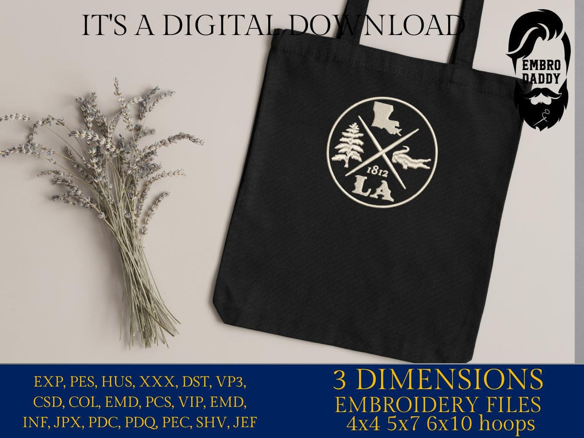 Machine Embroidery files, Louisiana est 1812, DST, PES, xxx hus & more