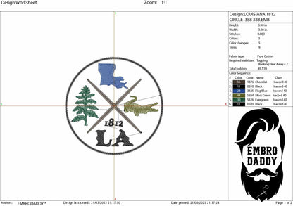 Machine Embroidery files, Louisiana est 1812, DST, PES, xxx hus & more