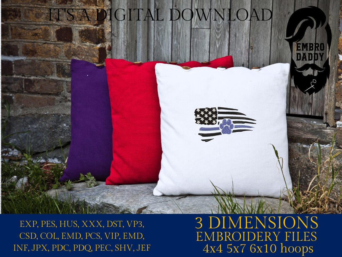 Machine Embroidery files, US flag, Tattered Flag, Thin Blue Line, Police, Dog, Paw Print, Police, K9, Dog Lover, dst, PES, xxx, hus & more
