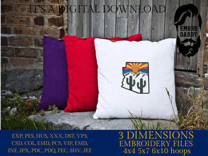 Machine Embroidery files, State of Arizona, Arizona flag, cactus, DST, PES, xxx hus & more