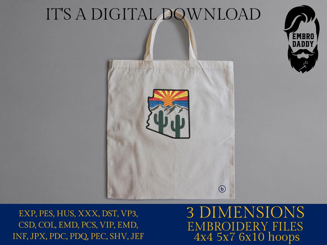 Machine Embroidery files, State of Arizona, Arizona flag, cactus, DST, PES, xxx hus & more