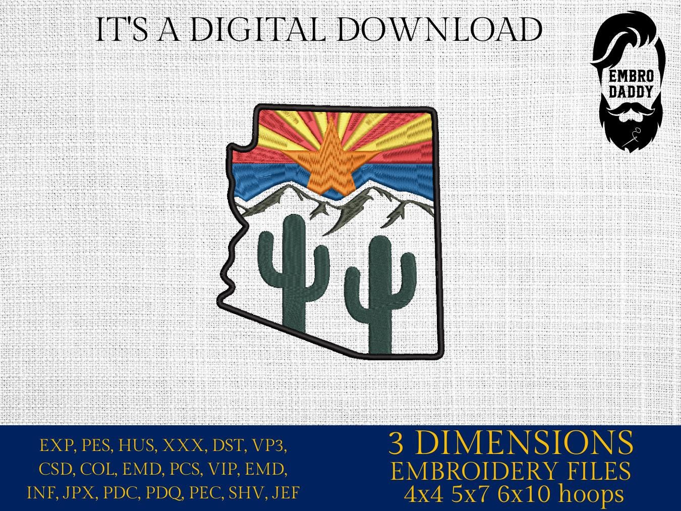 Machine Embroidery files, State of Arizona, Arizona flag, cactus, DST, PES, xxx hus & more