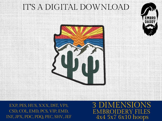 Machine Embroidery files, State of Arizona, Arizona flag, cactus, DST, PES, xxx hus & more