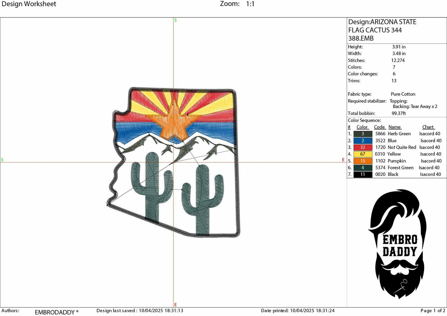 Machine Embroidery files, State of Arizona, Arizona flag, cactus, DST, PES, xxx hus & more