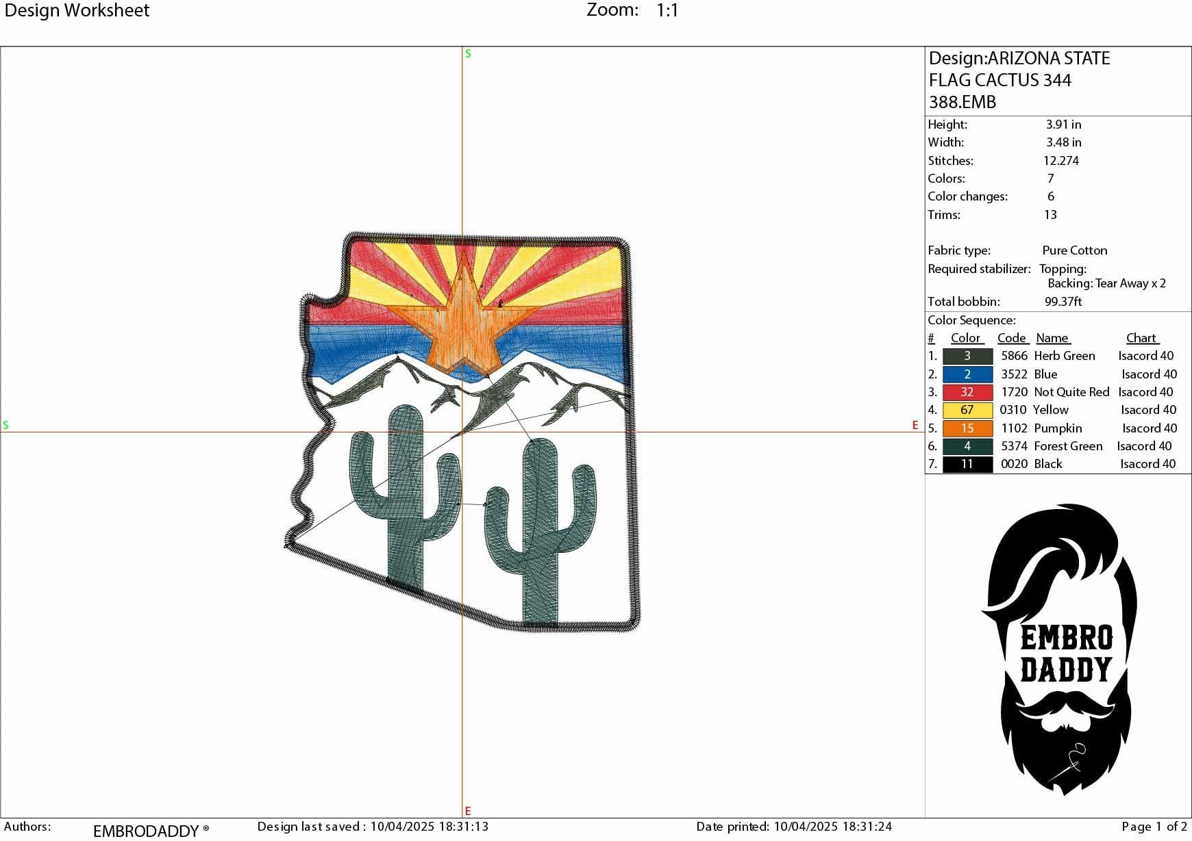 Machine Embroidery files, State of Arizona, Arizona flag, cactus, DST, PES, xxx hus & more