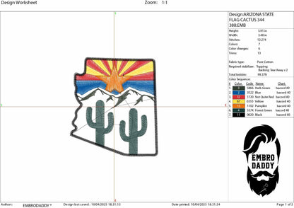 Machine Embroidery files, State of Arizona, Arizona flag, cactus, DST, PES, xxx hus & more