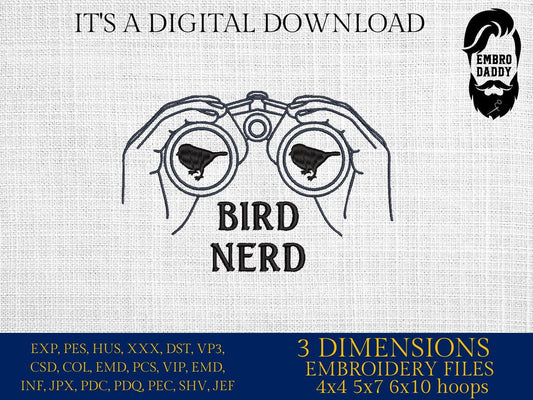 Machine Embroidery files, Birdwatching, Bird Nerd, Bird Watcher, Gift for Birdwatcher, Funny Birds, Binoculars, DST, PES, hus & more